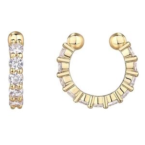 14K Gold Plated CZ Sparkling Round Huggie Ear Cuff Clip On Earrings Yellow Gold